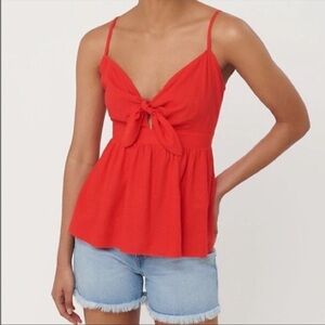 Red Tie Front Linen Peplum Top